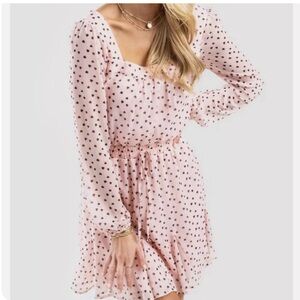 Elegant Pink Heart Pattern Long Sleeve Dress XXS